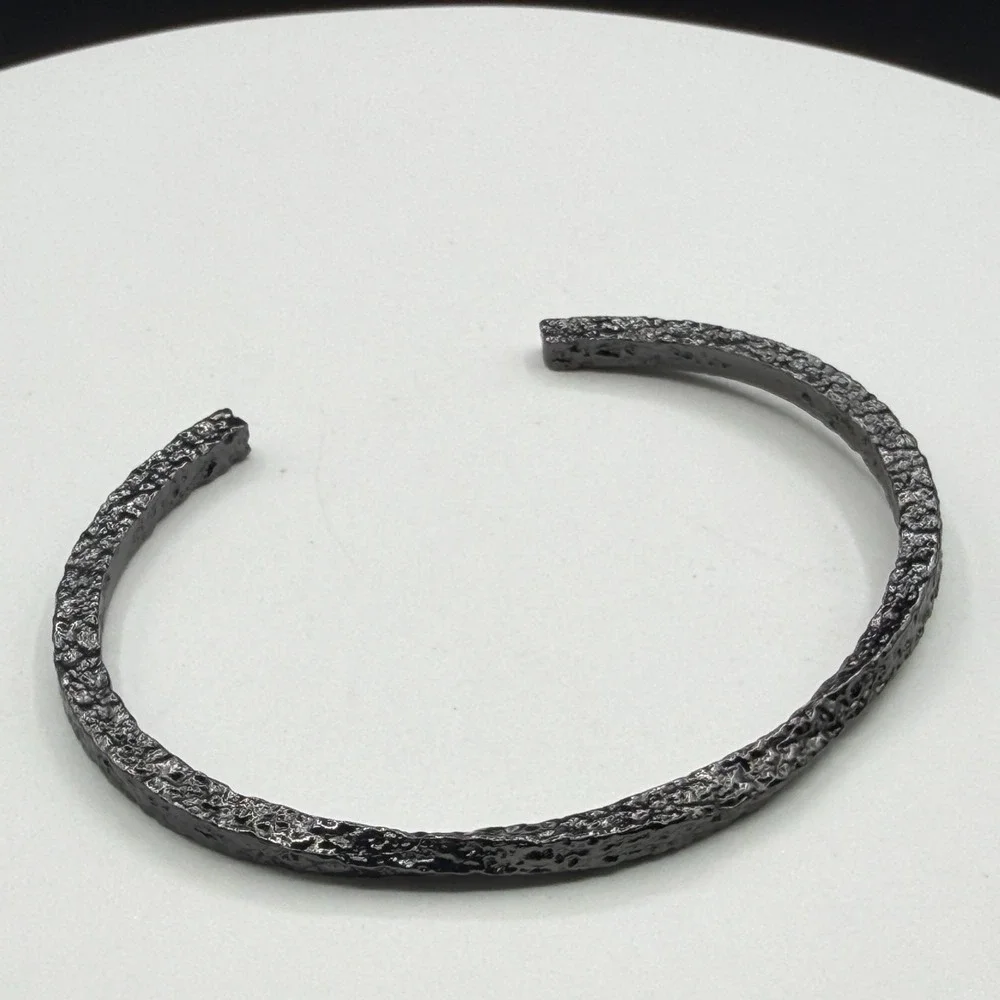 Gunmetal Silver Tone Textured Open Cuff Bracelet Gothic Boho Statement Jewelry